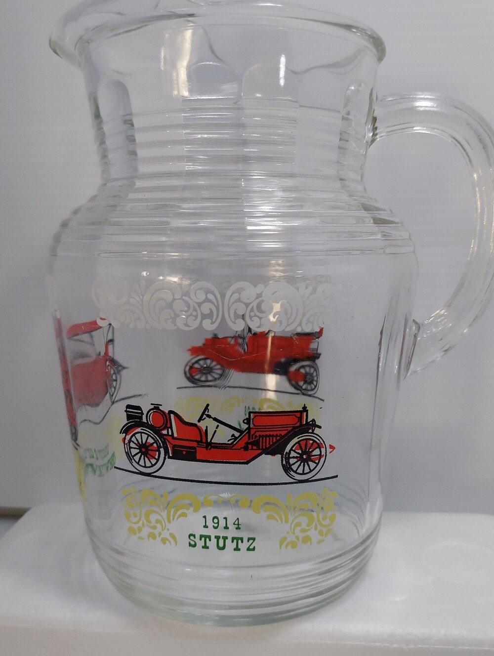 MCM Hazle Atlas Antique Cars glass 9" Pitcher W/handel Lip Chevrolet Ford Stutz